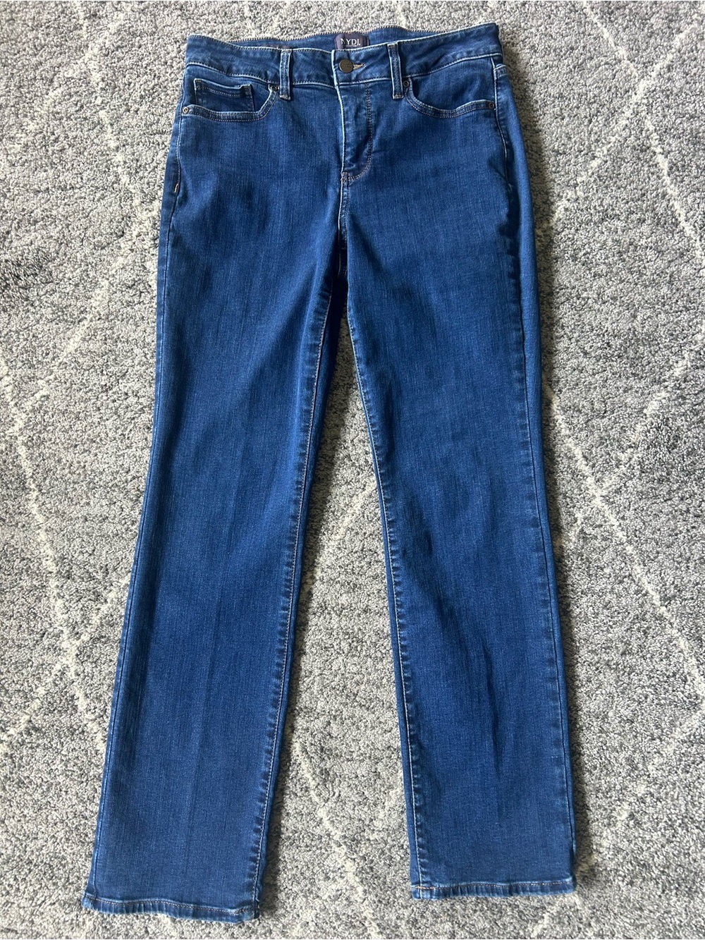NYDJ Marilyn Straight Leg Jeans in Dark Blue Lift Tuck Tech Stretch Sz 10